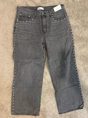 Abercrombie & Fitch Straight Leg Jeans in Washed Black with Stud Trim